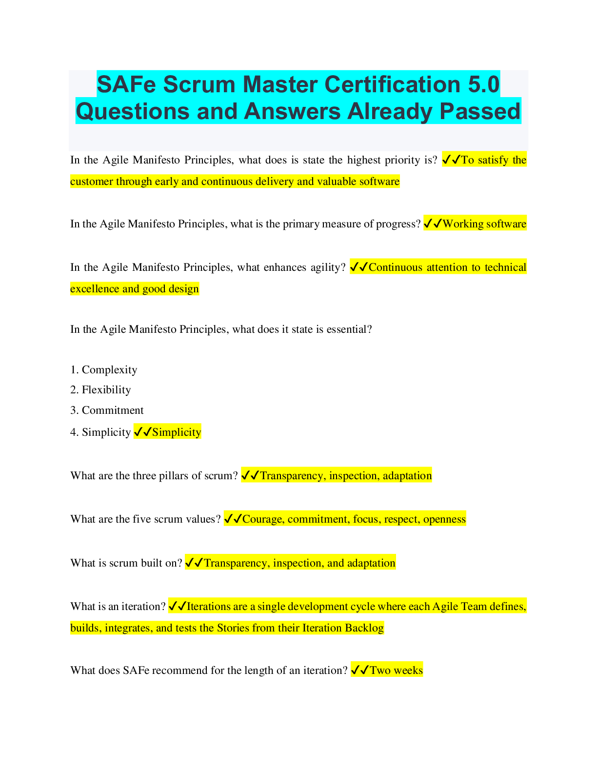 Preview of SAFe Scrum Master Certification 5.0 Questions and Answers Already Passed